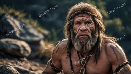 Determined Caveman with Tribal Paint in Harsh Terrain