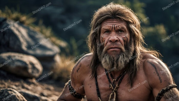 Determined Caveman with Tribal Paint in Harsh Terrain