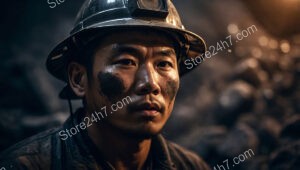 Determined Coal Miner in a Dimly Lit Tunnel