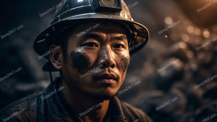 Determined Coal Miner in a Dimly Lit Tunnel