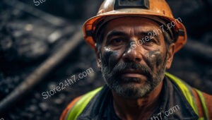 Determined Coal Miner with Soot-Streaked Face and Helmet