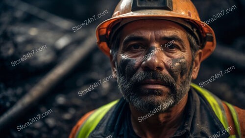 Determined Coal Miner with Soot-Streaked Face and Helmet