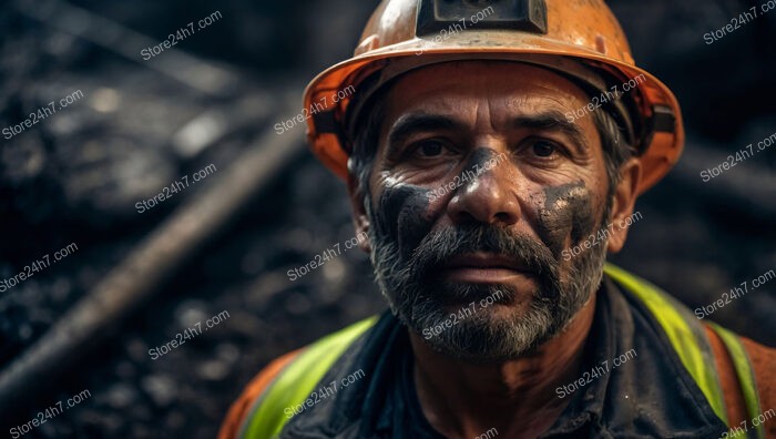 Determined Coal Miner with Soot-Streaked Face and Helmet