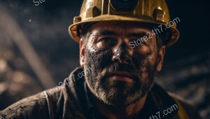 Determined Miner with Dusty Face Deep Underground Work