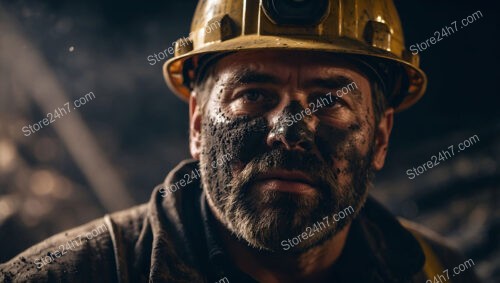 Determined Miner with Dusty Face Deep Underground Work