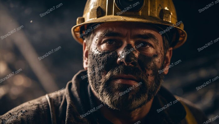 Determined Miner with Dusty Face Deep Underground Work