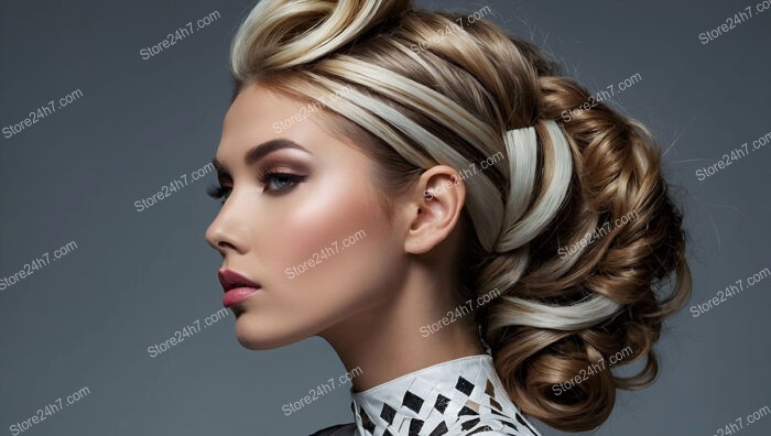 Elegant Braided Updo with Contrasting Blonde and Brown Strands