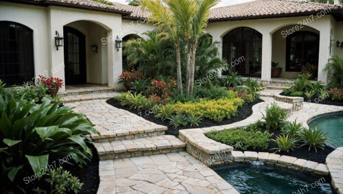 Elegant Courtyard Garden with Stone Pathways and Tropical Plants