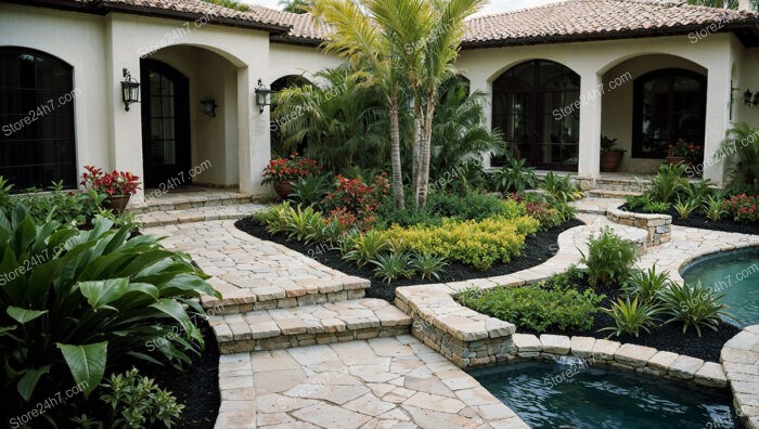 Elegant Courtyard Garden with Stone Pathways and Tropical Plants