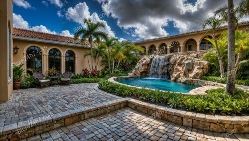 Elegant Courtyard with Waterfall and Lush Tropical Plants