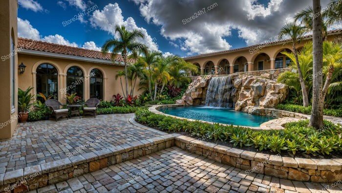 Elegant Courtyard with Waterfall and Lush Tropical Plants