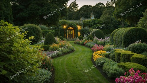 Elegant English Garden with Meandering Green Pathway