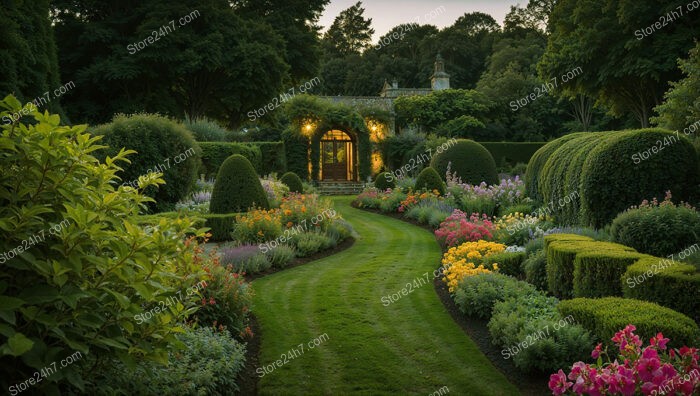 Elegant English Garden with Meandering Green Pathway