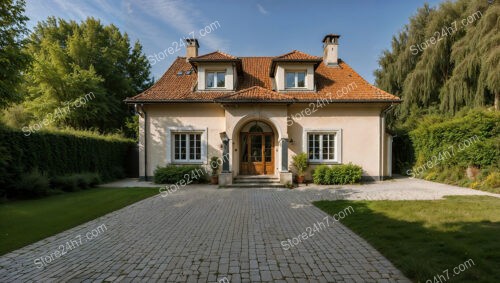 Elegant German home with grand entrance and manicured driveway