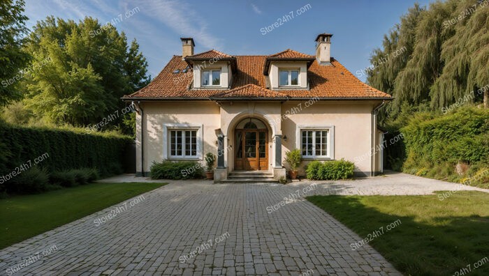 Elegant German home with grand entrance and manicured driveway