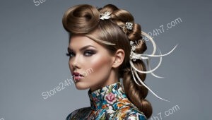 Elegant Hairstyle with Braided Curls and Feathered Accents
