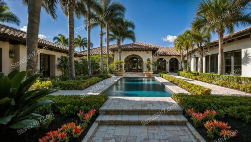 Elegant Mediterranean Courtyard with Palm Trees and Poolside Oasis