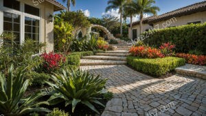 Elegant Stone Staircase Leading to a Verdant Garden Archway