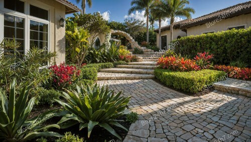 Elegant Stone Staircase Leading to a Verdant Garden Archway