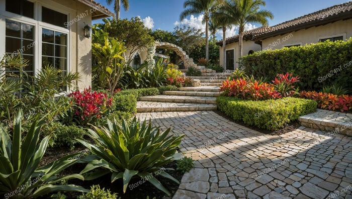 Elegant Stone Staircase Leading to a Verdant Garden Archway