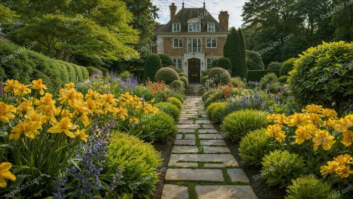 English Manor Garden with Stone Pathway and Colorful Flowers