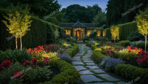 Evening Garden Pathway Illuminated by Soft Lights and Flowers