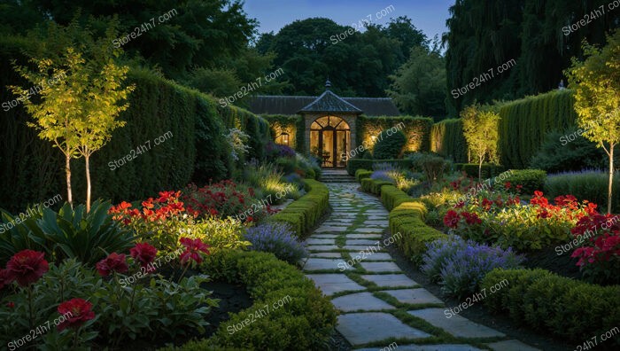 Evening Garden Pathway Illuminated by Soft Lights and Flowers