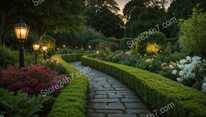 Evening Garden Pathway with Illuminated Lanterns and Flowers