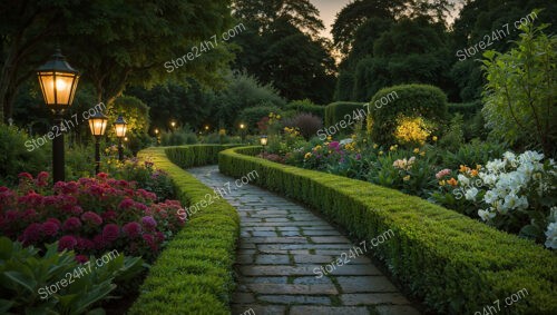 Evening Garden Pathway with Illuminated Lanterns and Flowers