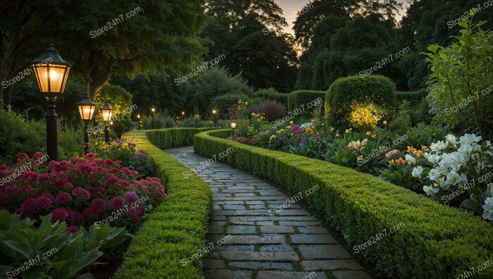 Evening Garden Pathway with Illuminated Lanterns and Flowers