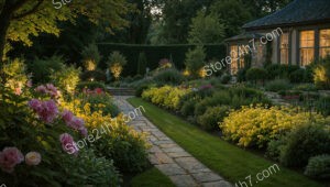 Evening Garden with Illuminated Pathways and Colorful Blooms
