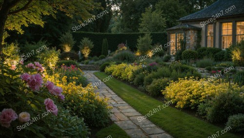 Evening Garden with Illuminated Pathways and Colorful Blooms