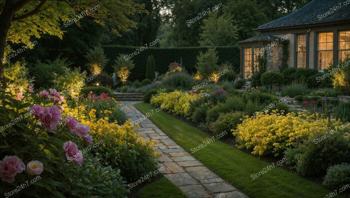 Evening Garden with Illuminated Pathways and Colorful Blooms