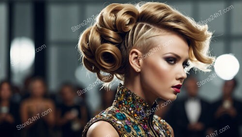 Exquisite Curly Updo with Intricate Side Shave Patterns