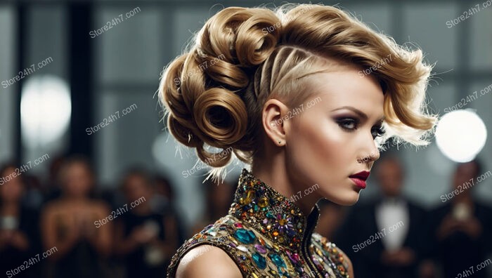 Exquisite Curly Updo with Intricate Side Shave Patterns