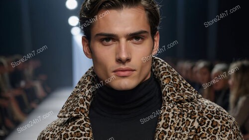 Fierce Model in Leopard Print Coat on Runway