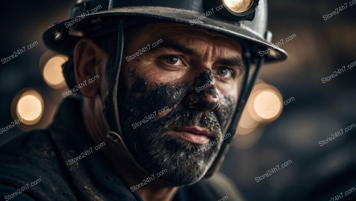 Focused Coal Miner with a Face Covered in Soot