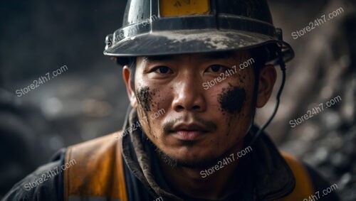 Focused Coal Miner with Dirt-Smeared Face and Helmet