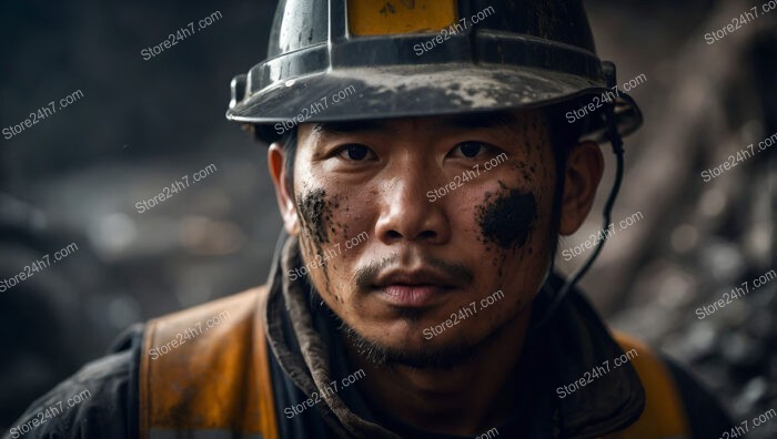 Focused Coal Miner with Dirt-Smeared Face and Helmet