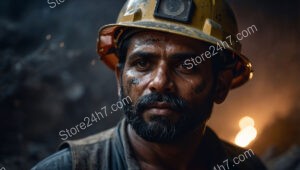 Focused Coal Miner with Dirt-Streaked Face in Helmet