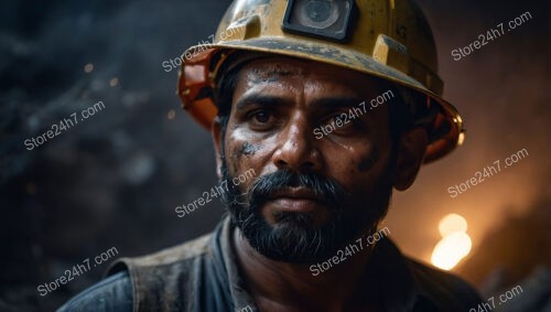 Focused Coal Miner with Dirt-Streaked Face in Helmet