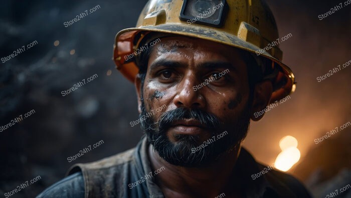 Focused Coal Miner with Dirt-Streaked Face in Helmet