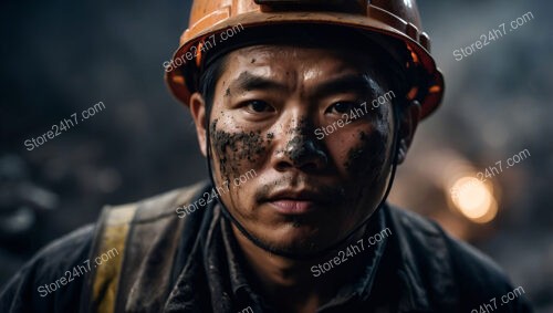 Focused Coal Miner with Soot-Streaked Face and Helmet