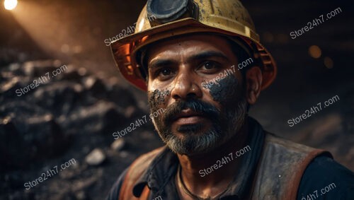 Focused Miner with Dirt-Streaked Face in Helmet