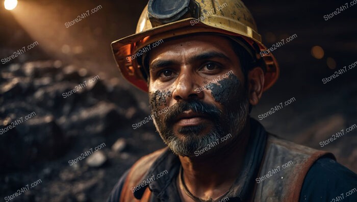 Focused Miner with Dirt-Streaked Face in Helmet