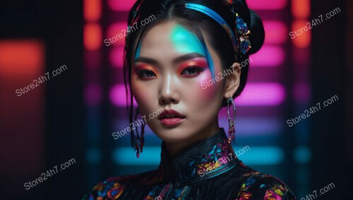 Futuristic Neon Lights: Vibrant Makeup and Colorful Background