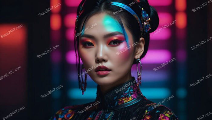 Futuristic Neon Lights: Vibrant Makeup and Colorful Background