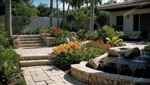 Garden Oasis with Stone Steps, Water Feature, and Lush Foliage