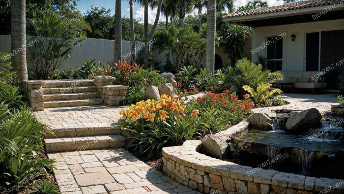 Garden Oasis with Stone Steps, Water Feature, and Lush Foliage