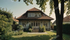 German cottage-style home with lush garden and shaded patio